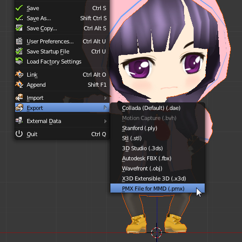 Exportメニュー [PMX File for MMD(.pmx)]が選択可能